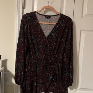 BloomChic Burgundy and Blue Paisley Long Sleeve Faux wrap top